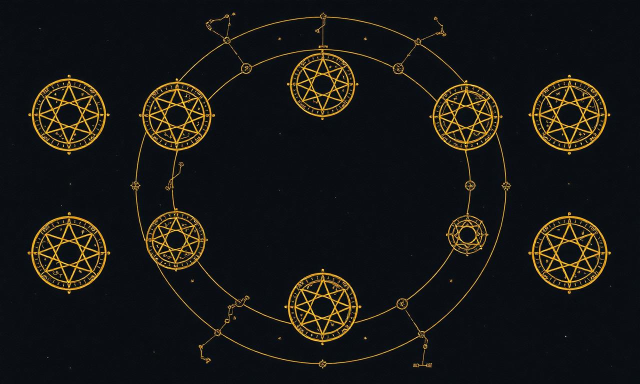 Eight gold celestial sigils arranged in a circular path on black
