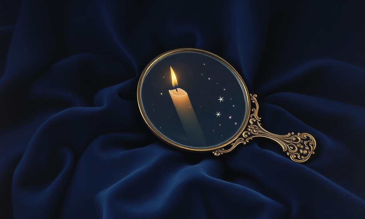 A small mirror on a velvet cloth reflecting candlelight and stars